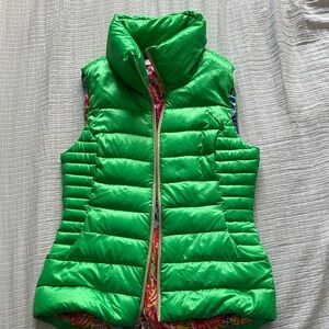 Lilly Pulitzer Green Puffer Vest — Green, Pink, Blue Floral Inside